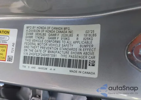 2025 Honda Civic Lx z USA, uszkodzony, nr VIN 2HGFE2F24SH573581